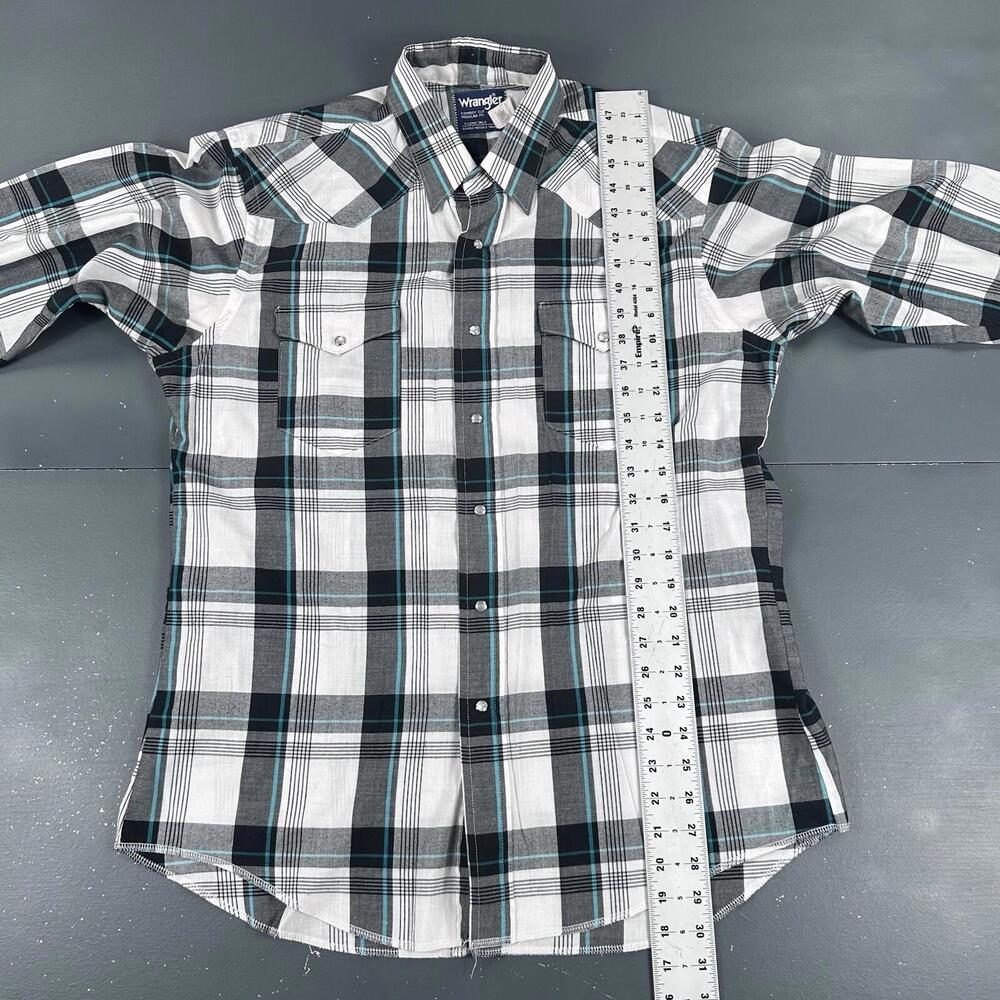 VTG Wrangler Shirt Men Large White Black Turquoise Plaid Pearl Snap USA Made 90s - Picture 6 of 8